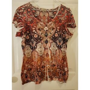 One World Womens 1X 100% Polyester Blouse Top Orange Paisley Print Short Sleeve